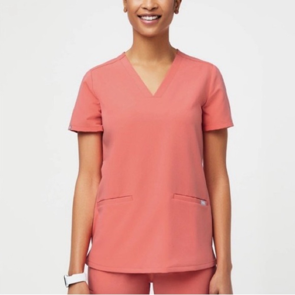 Figs Hot Coral Casma Three Pocket Scrub Top